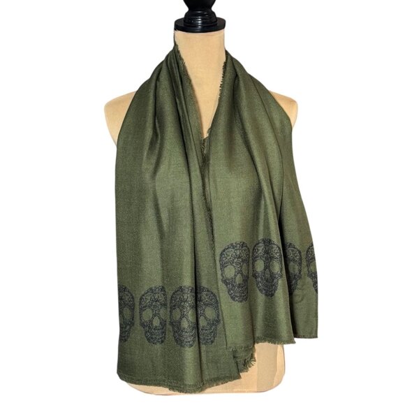 Blue Pacific Cashmere Blend Scarf Skull Print Green Large Square Grunge Goth - Picture 1 of 10